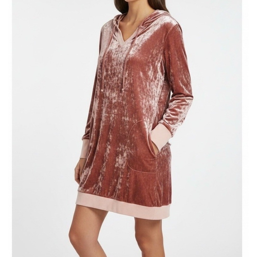 Betsey Johnson Y2K Velvet Hoodie Dress Womens M Rust Pink Velour Tunic Pockets